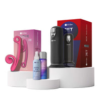 SVibe Unmatched Bliss Bundle featuring Snail Curve Dual Stimulator, Ikon JET  Masturbator, SVibe Lube, and Toy Cleaner